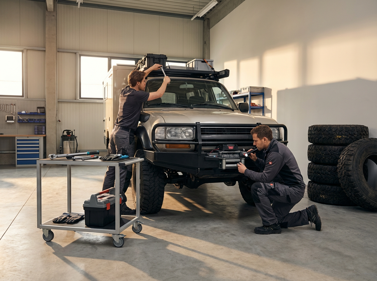 Two men working on repairing or maintaining an off-road vehicle inside a garage or workshop, with tools and spare tires nearby.
