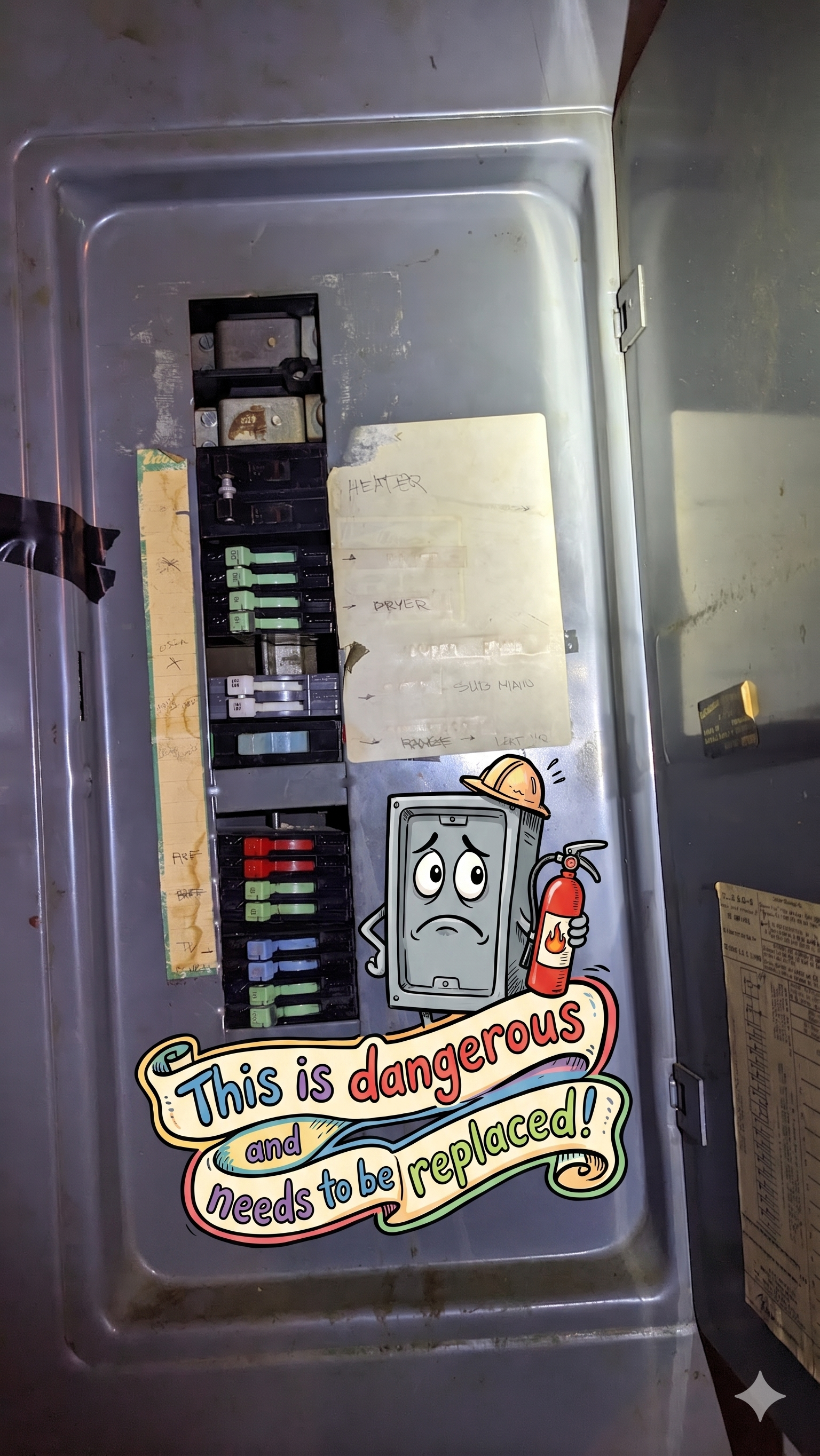 This is an electrical breaker box with a warning sticker that says, 'This is dangerous and needs to be replaced!' The sticker features a cartoon computer character holding a fire extinguisher and looking worried.