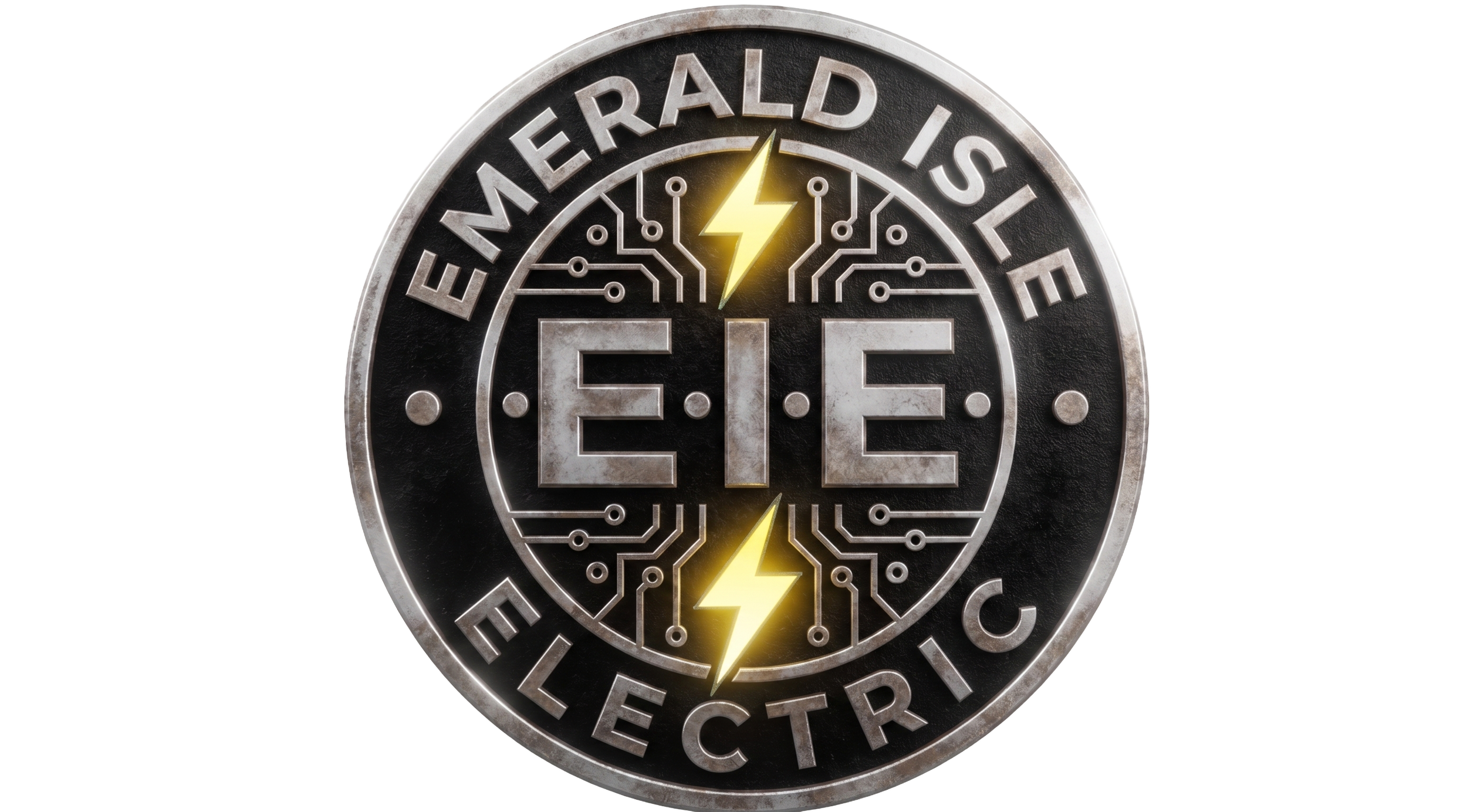 A circular emblem featuring the words 'Emerald Isle' and 'Electronics' with circuit lines and yellow lightning bolt symbols.