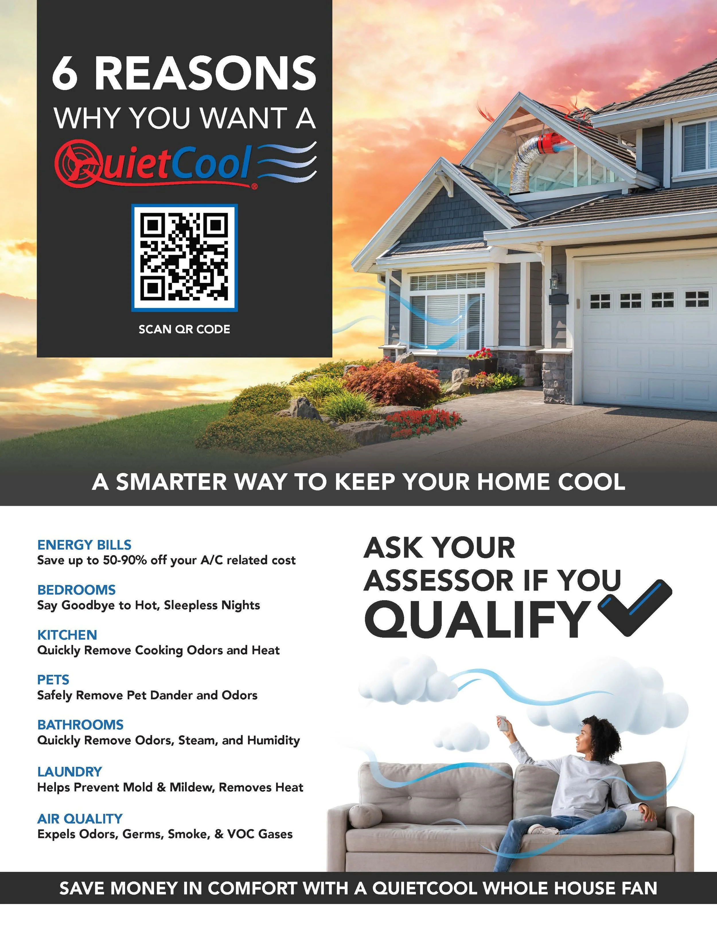 A woman sitting on a couch holding an air quality monitor, with cool airflow and clouds illustrating the quiet cooling system of a Whole House Fan shown in the advertisement.