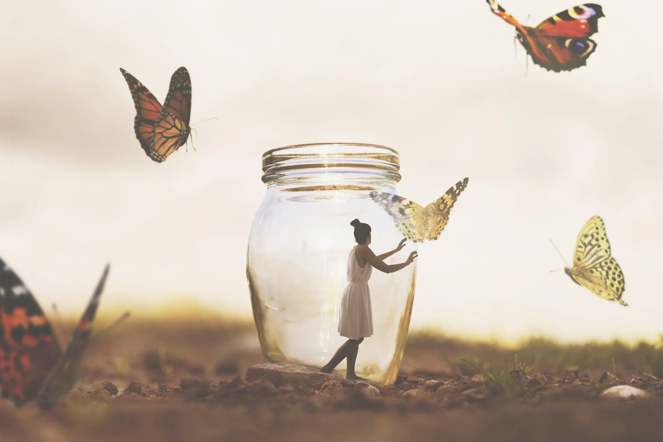Midlife women's empowerment strategist imagery: A woman in a serene white dress gently touching glowing butterflies flying inside a large glass jar, symbolizing transformation and midlife growth.