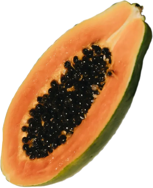 Half-cut papaya fruit with orange flesh and black seeds.