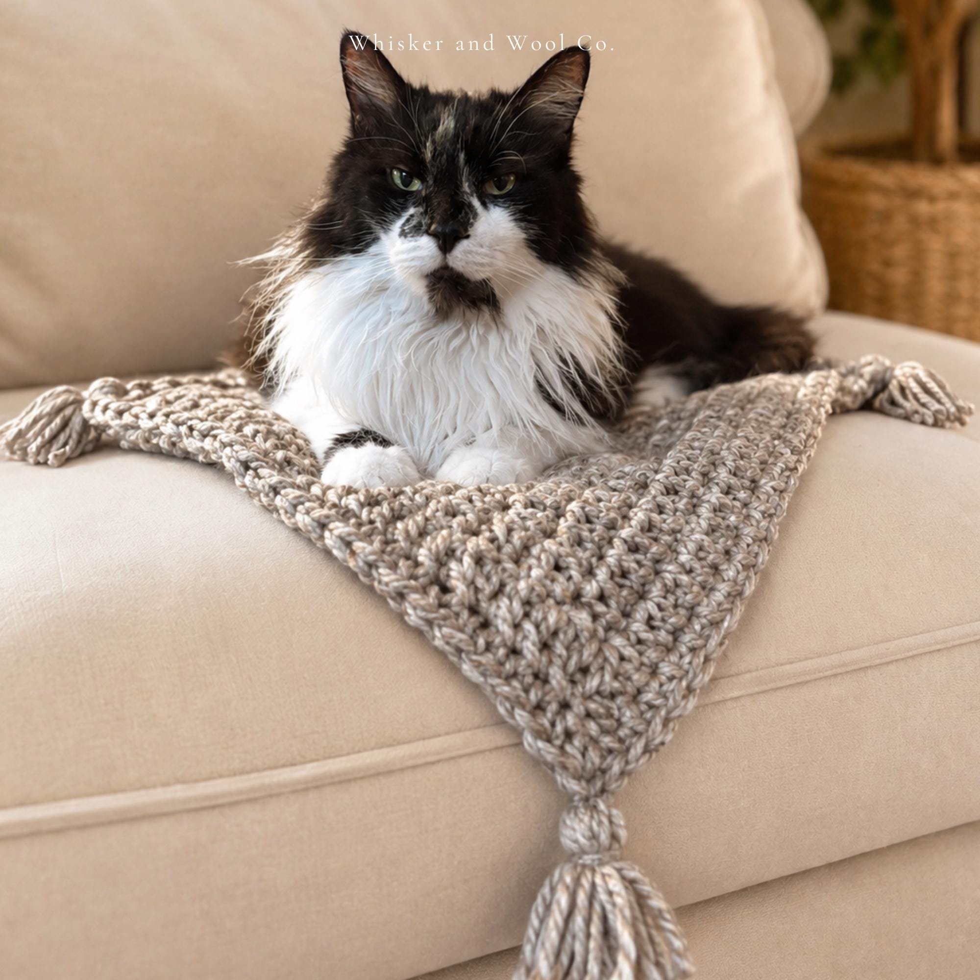 Hand-Crocheted Wool Blend Cat Blanket | Cozy Tassel Pet Mat