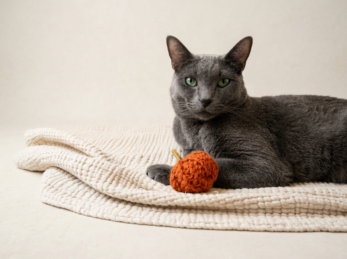 A gray cat with green eyes lying on a cream-colored textured blanket with a small orange crochet pumpkin in front of it, against a light-colored background.