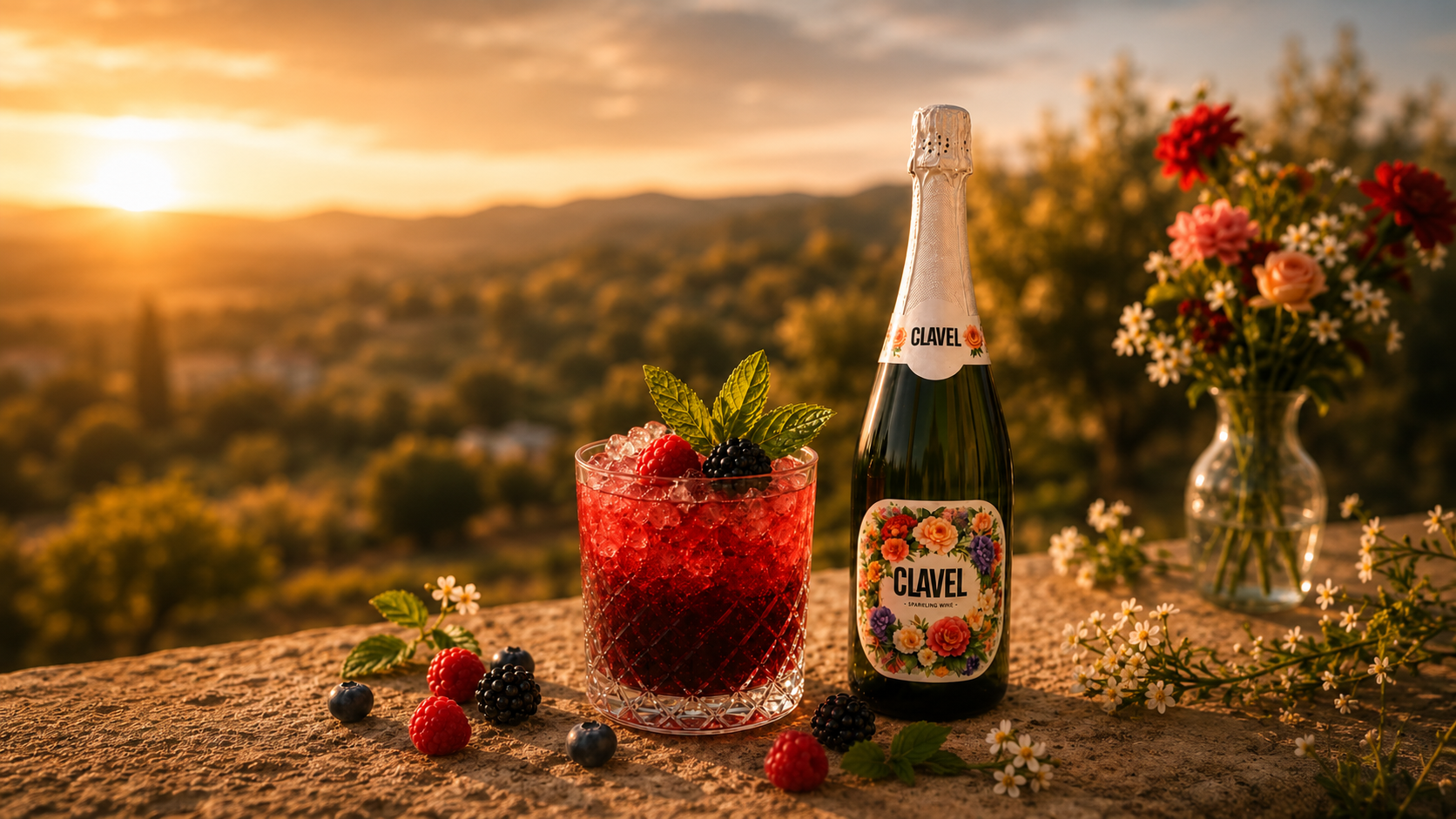 CLAVEL Sparkling wine bottle with a glass of sparkling wine, ice and red berries, carnations on a stone table overlooking hills at sunset