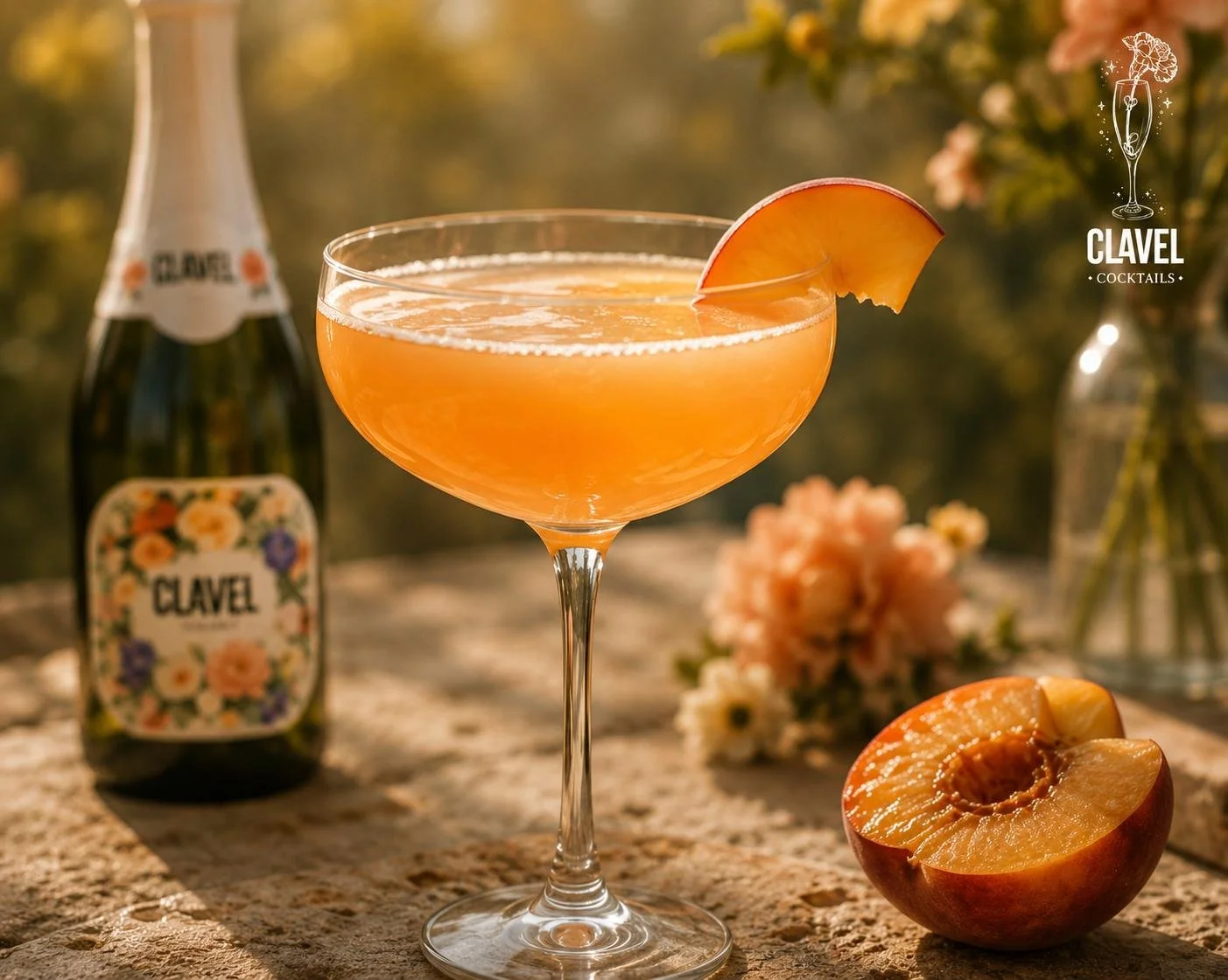 Orange cocktail glass with a peach slice garnish on a wooden table, with a peach, CLAVEL Sparkling wine bottle, and pink carnations in the background