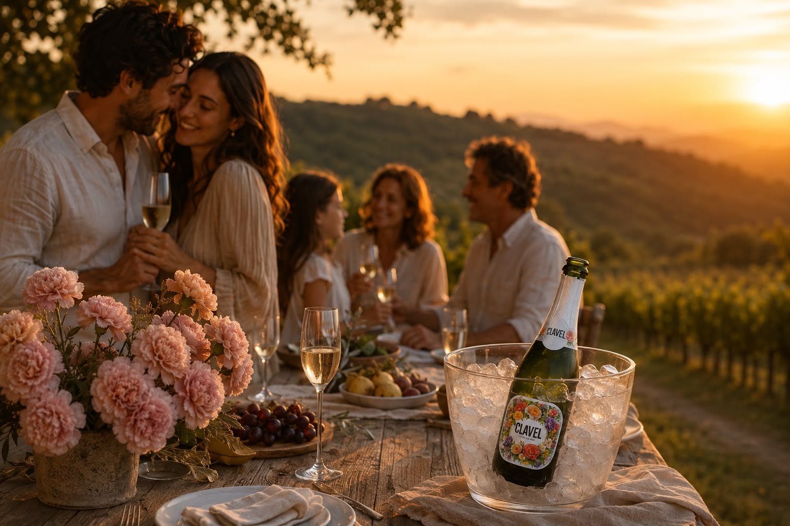 Group of people enjoying an outdoor dinner at a vineyard during sunset, with carnations, food, wine glasses, and a bottle of CLAVEL Sparkling in an ice bucket
