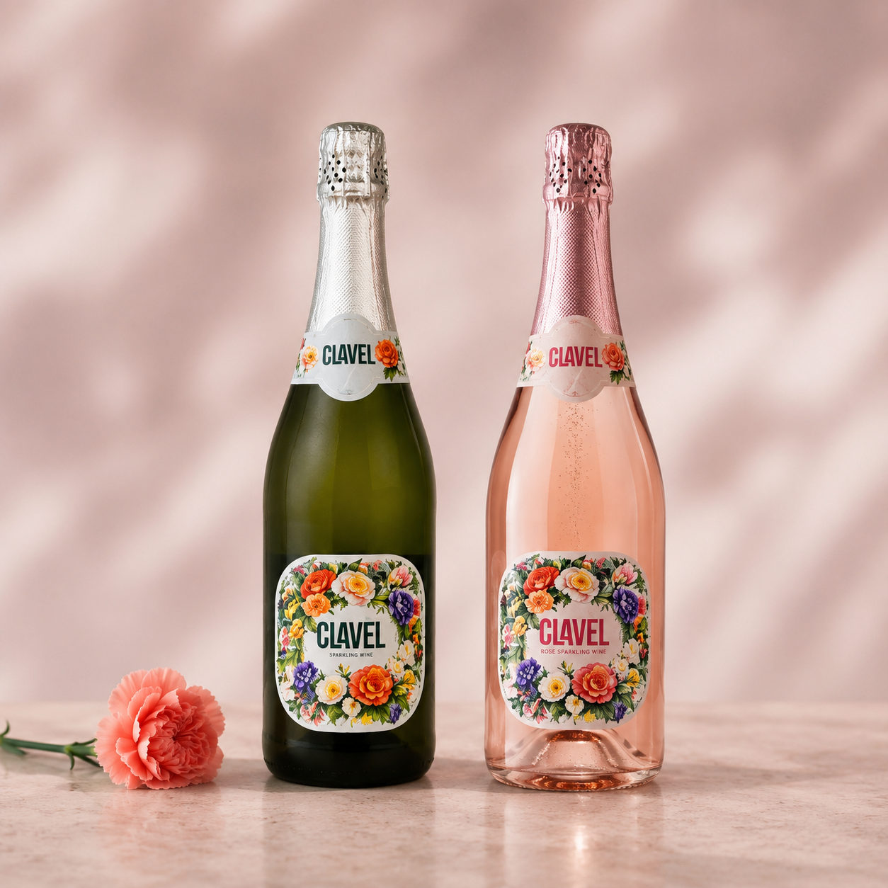 Two bottles of CLAVEL Sparkling wine, a modern and fresh sparkling wine with elegant bubbles