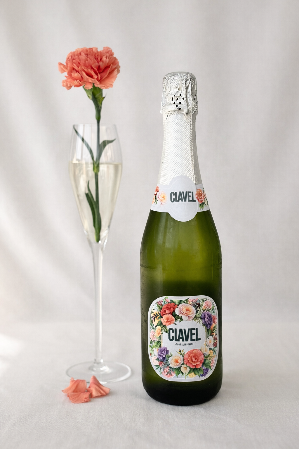 CLAVEL Sparkling wine bottle with a floral label and a sparkling wine glass with a pink carnation inside on a light background