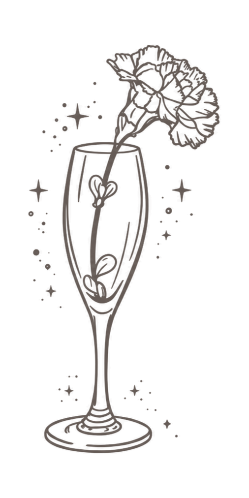 Illustration of a sparkling glass with a carnation flower and sparkling bubbles