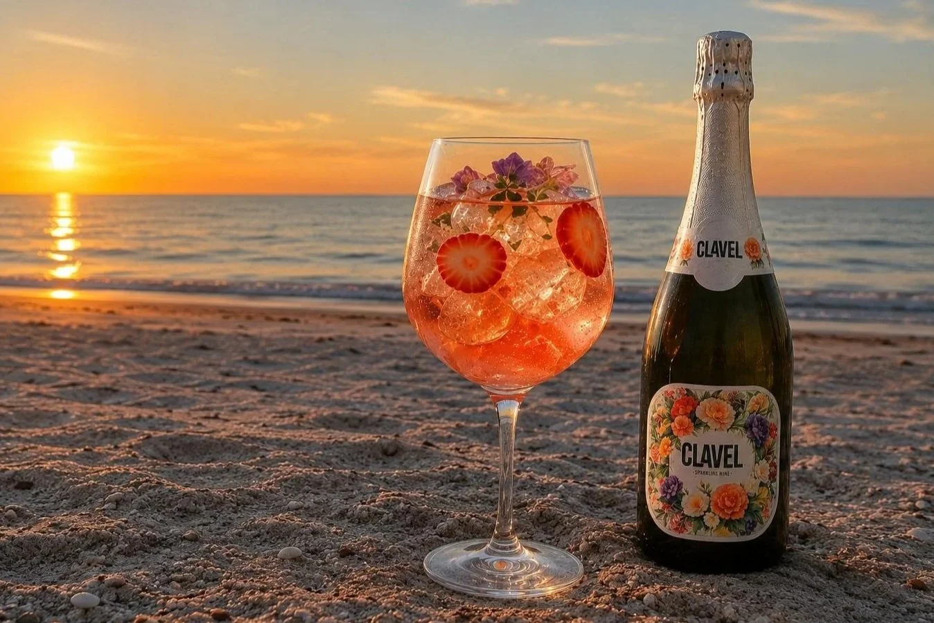 Colorful cocktail glass with pink carnations and a bottle of CLAVEL Sparkling wine on the beach at sunset