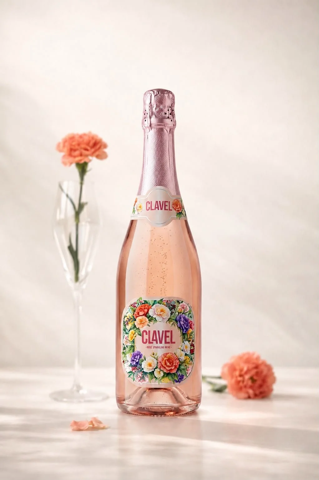 CLAVEL Rosé Sparkling wine bottle with a floral label, surrounded by pink carnations in a vase and on a table against a white background