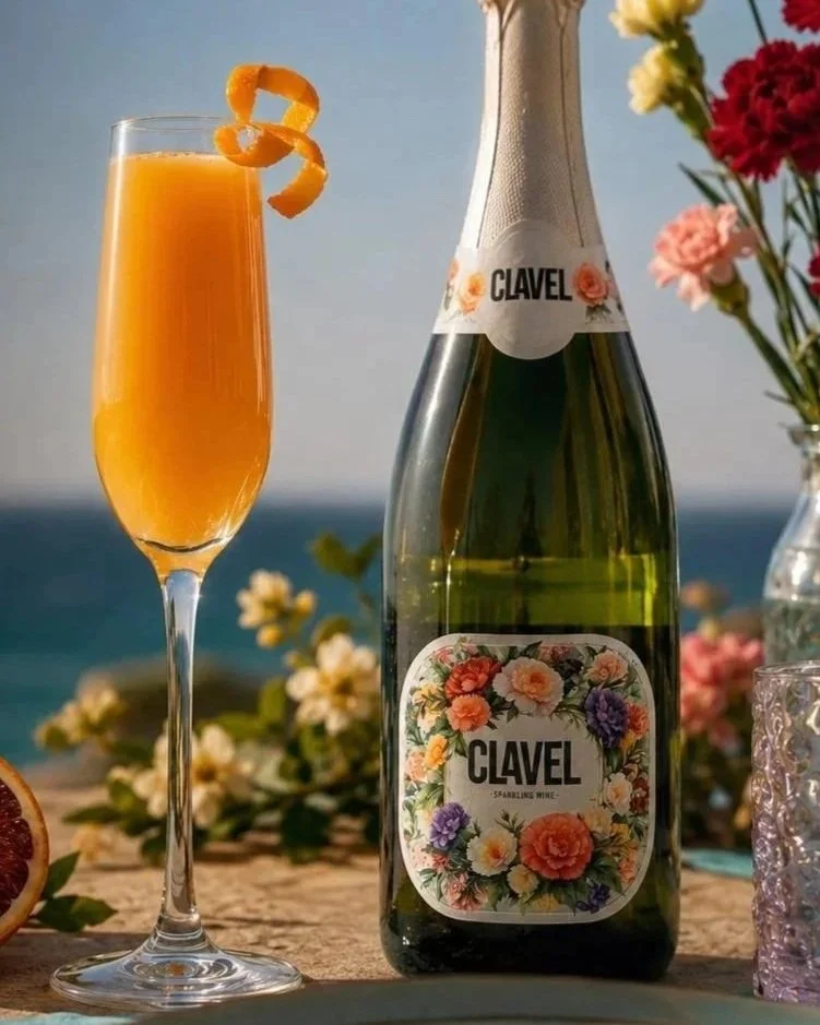CLAVEL Sparkling wine bottle and a glass of orange juice cocktail garnished with an orange peel, with carnations and an ocean view in the background