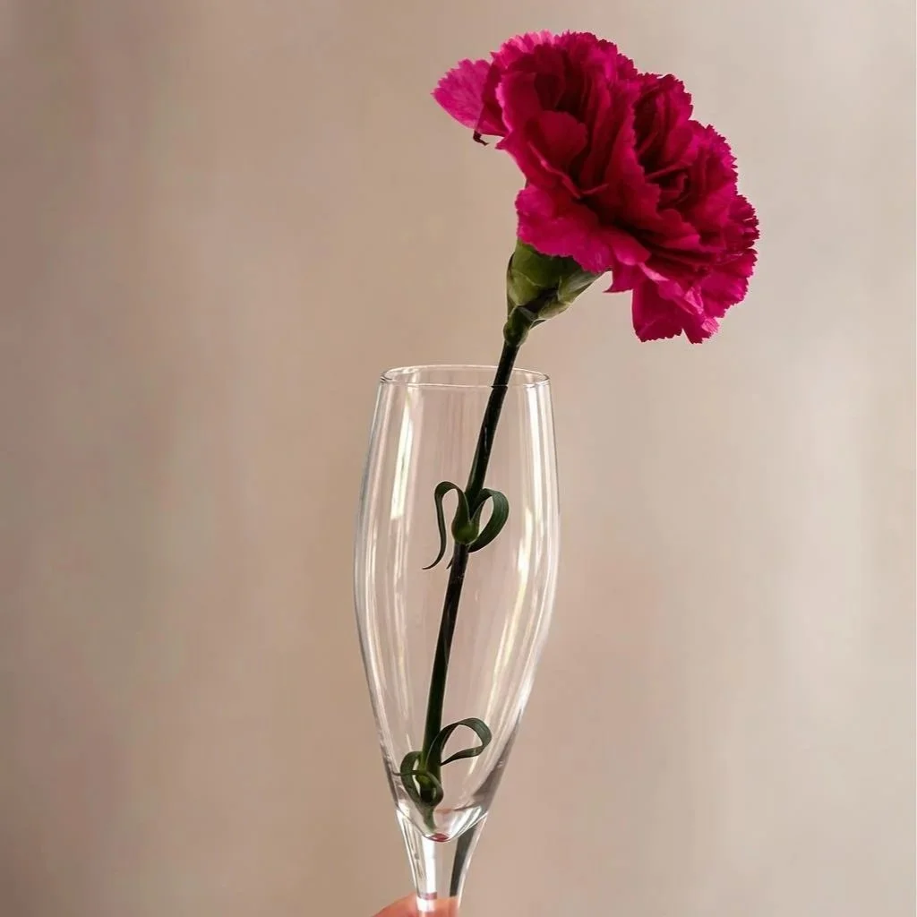 Red carnation flower in a crystal glass