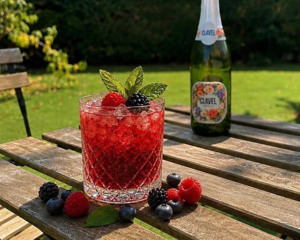 Refreshing berry and mint drink surrounded by fresh berries and a Clavel sparkling bottle in an outdoor setting