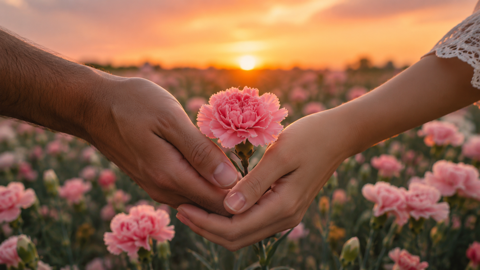 Hands holding a pink carnation flower in a field of flowers at sunset