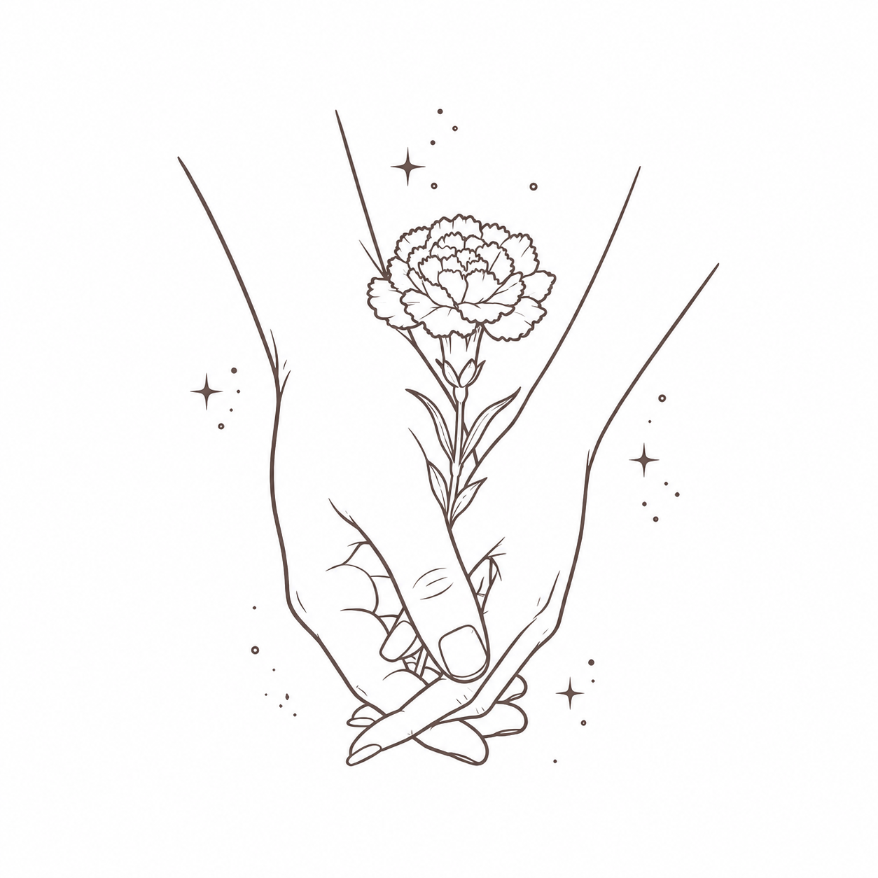 Line drawing of two hands holding a carnation flower, surrounded by small stars and decorative dots