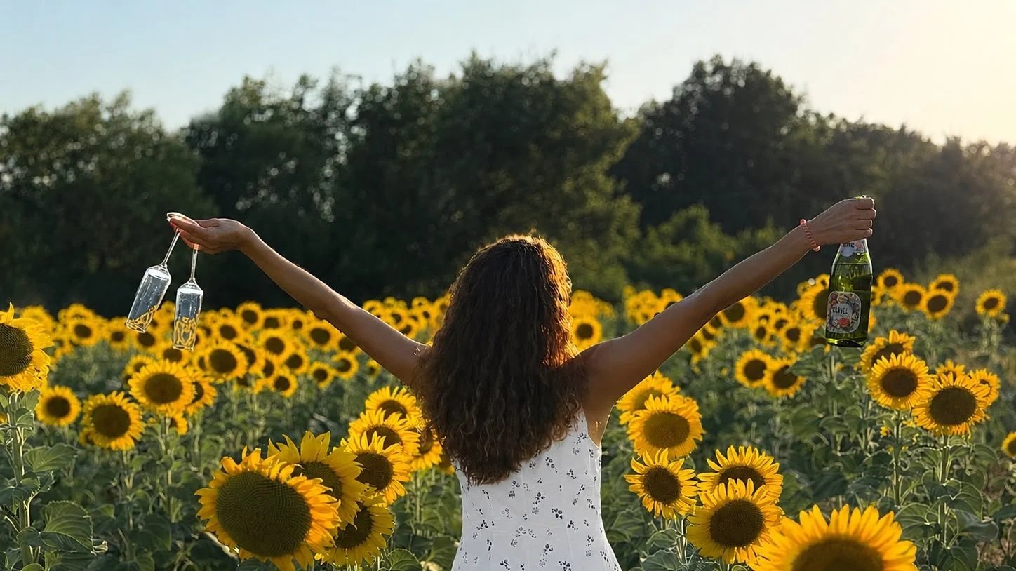 CLAVEL founder holding two crystal glasses in one hand and a bottle of CLAVEL Sparkling in the other in a sunflower field at sunset