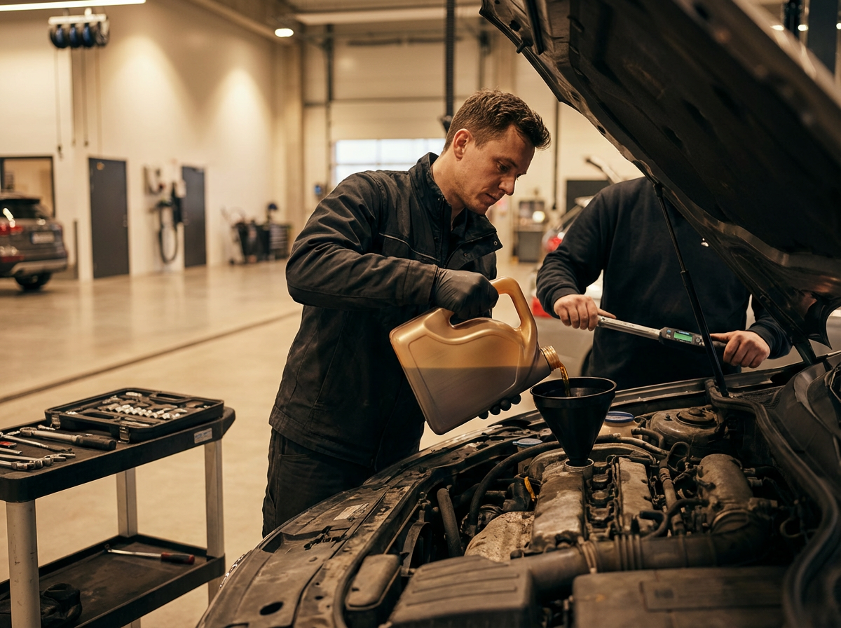 A mechanic pouring engine oil into a car's engine in an automotive repair shop.