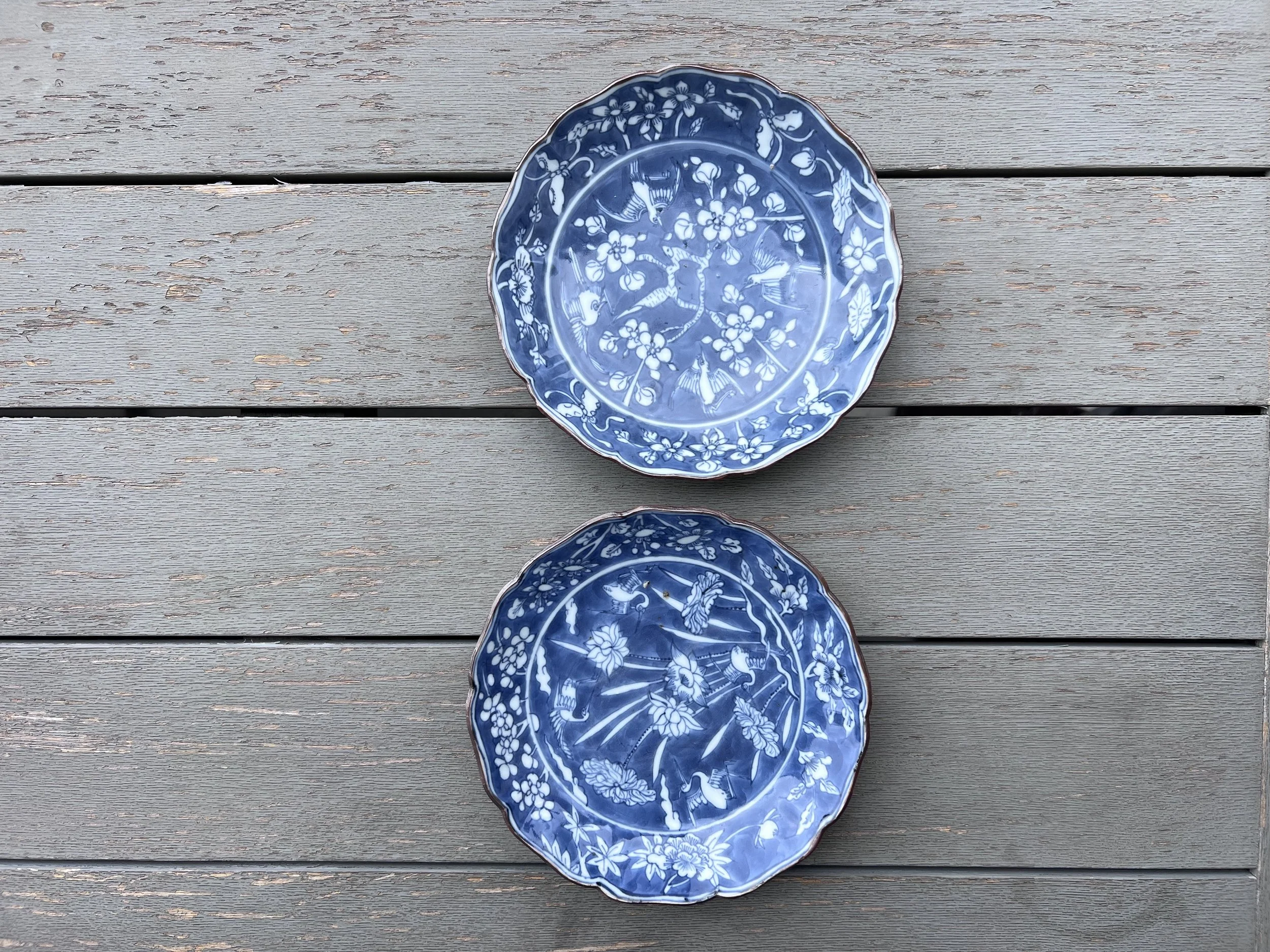 Pair of Chinese Blue and White Lobed Dishes with Iron-Brown Rims