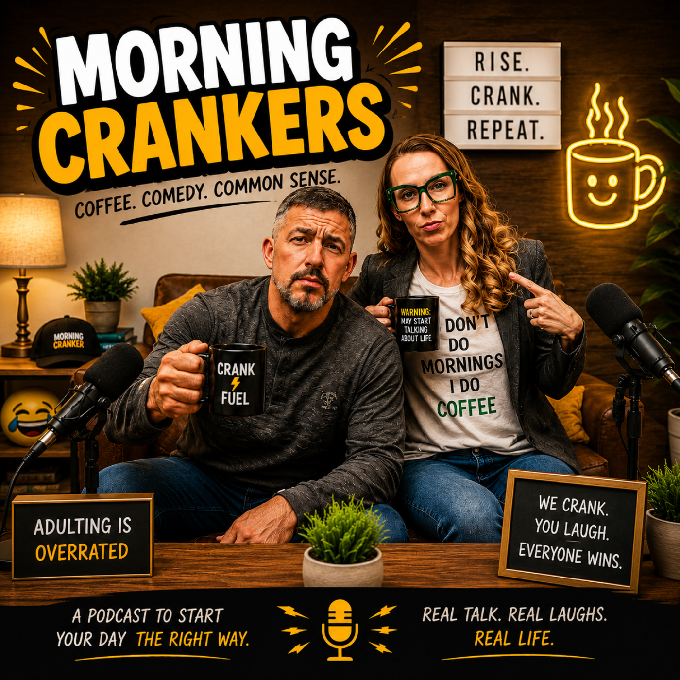 Two hosts sitting at a table with microphones, holding coffee mugs in a cozy studio decorated with signs and plants, promoting a podcast called "Morning Crankers" about coffee, comedy, and common sense.