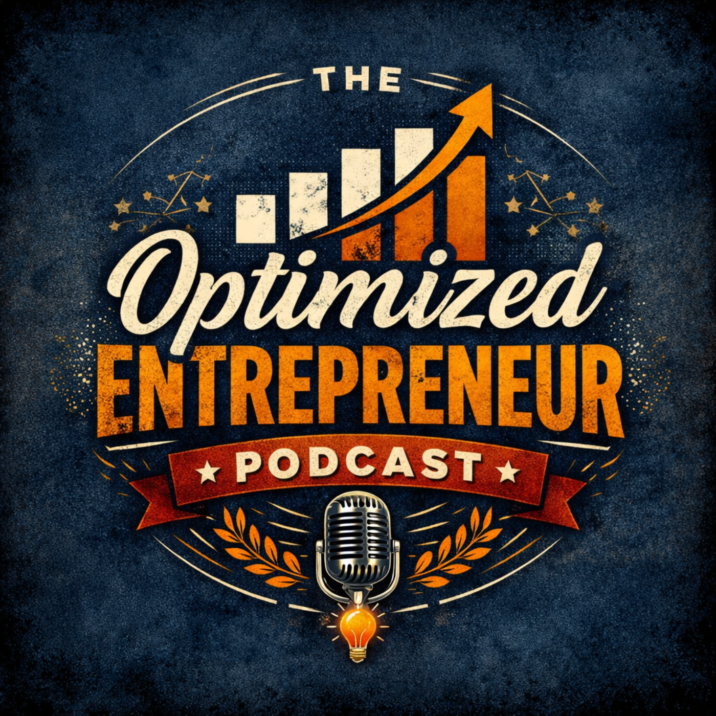 The image promotes 'The Optimized Entrepreneur' podcast, featuring a bar chart with an upward arrow, a microphone, and decorative elements on a textured dark background.