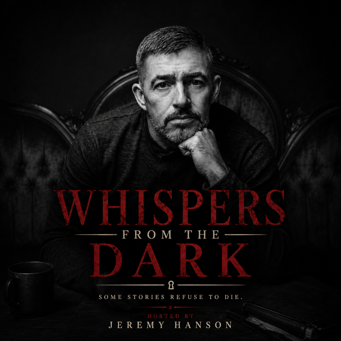 Black and white close-up portrait of a man with short hair and beard, seated in a dark room with vintage furniture, with the text "Whispers from the Dark" and "Some stories refuse to die".