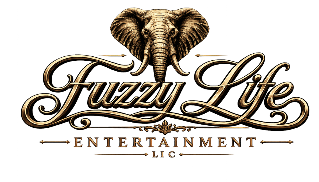 Logo with an elephant head and the text "Fuzzy Life Entertainment LLC" in decorative script font.