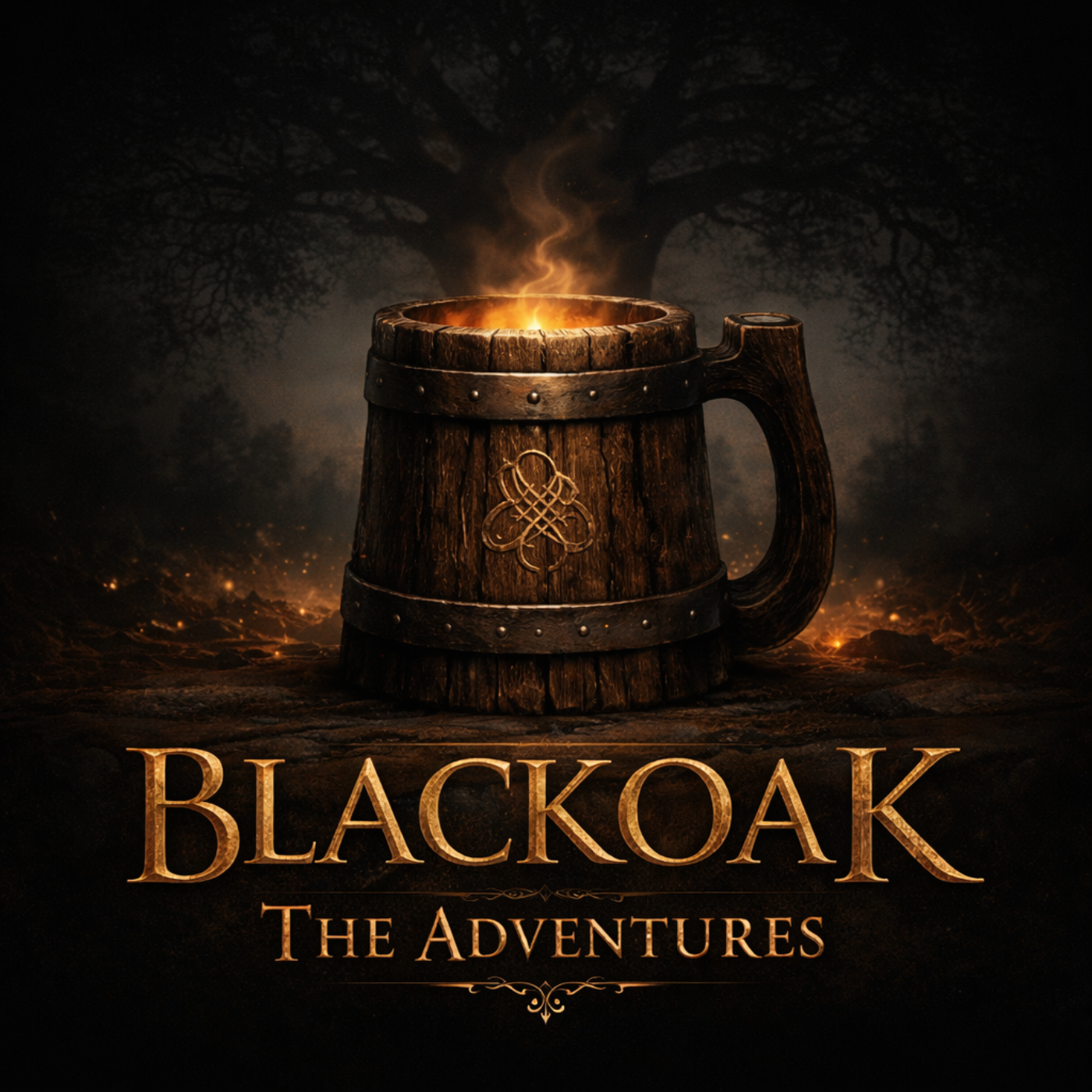 A wooden mug with an intricate knot design on a glowing, rocky landscape at night, with a large tree in the dark background. The text 'Blackoak The Adventures' is at the bottom.