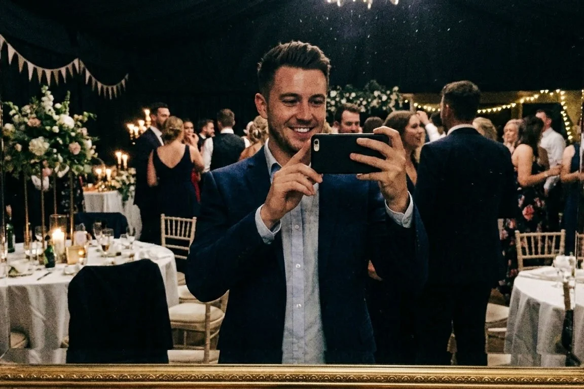 A young man in a blue suit taking a selfie at a wedding reception with guests dancing and tables decorated with flowers and candles in the background.