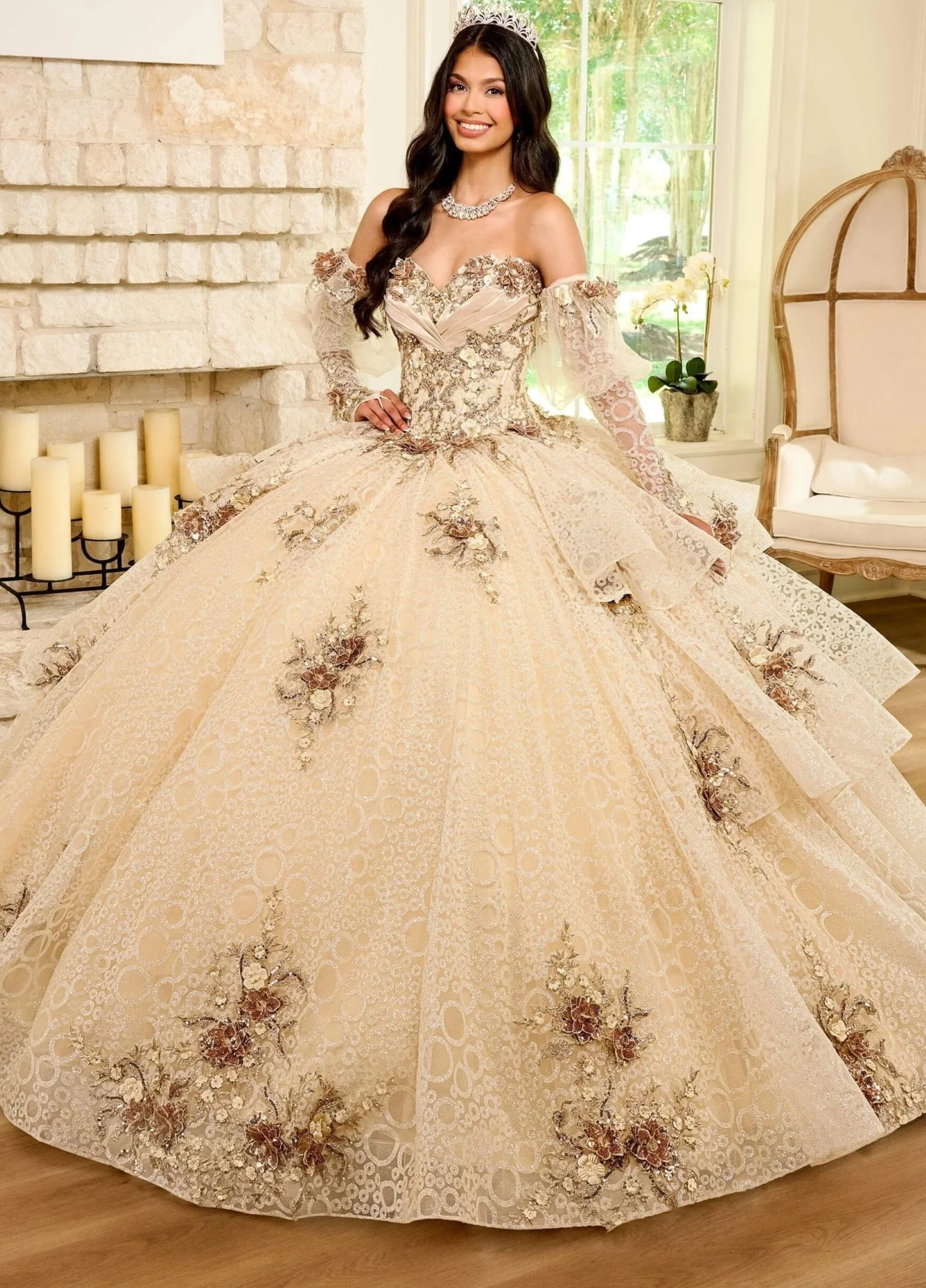 RACHEL ALLAN 
Color: Champagne gold
Size: 14
Style #: RQ2191
