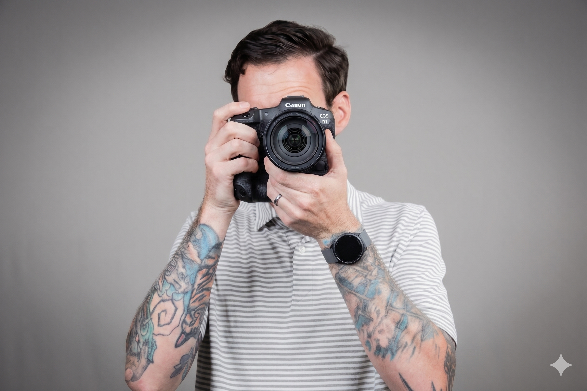 A man with dark hair and tattoos on both arms is holding a Canon camera up to his face, looking through the viewfinder, with a grey background.