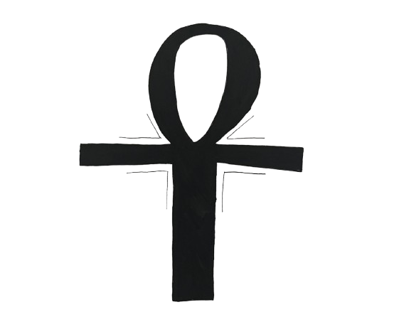 Drawing of an Egyptian ankh symbol in black with a white and green background.