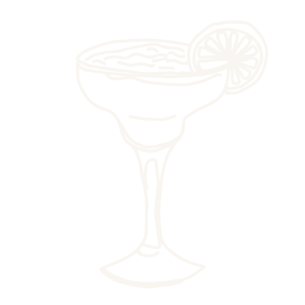 White outline of a cocktail glass with a slice of lemon or lime on the rim, set against a black background.