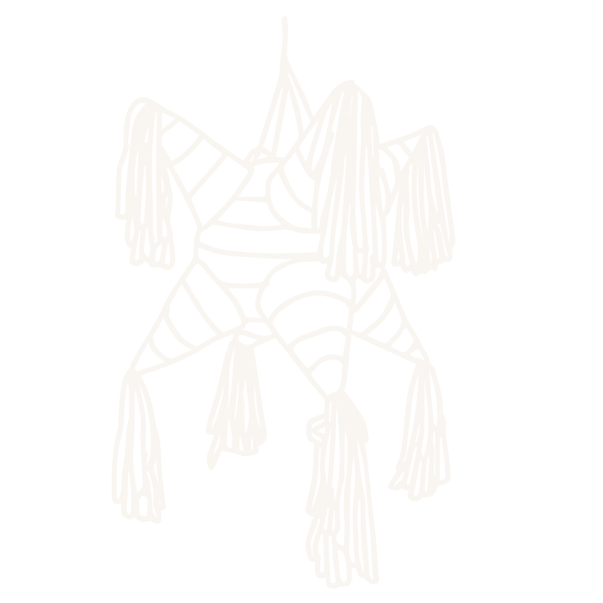Simplified black and white line drawing of a starfish with bandage stripes and hanging tassels on each arm.