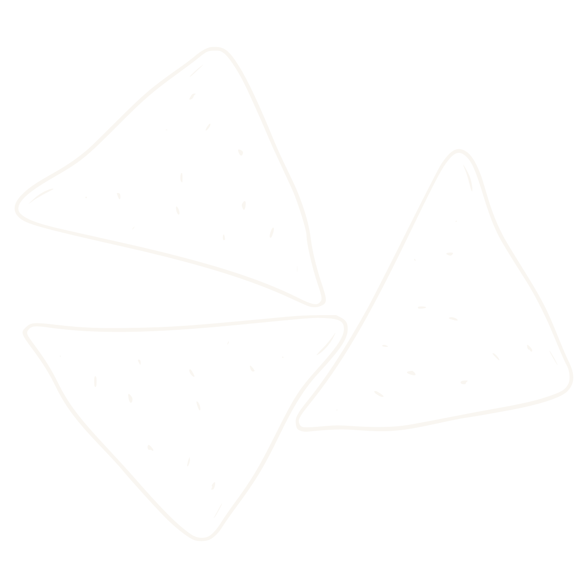 A black and white line drawing of three taco-shaped tortilla chips with dotted filling, arranged in a scattered manner.