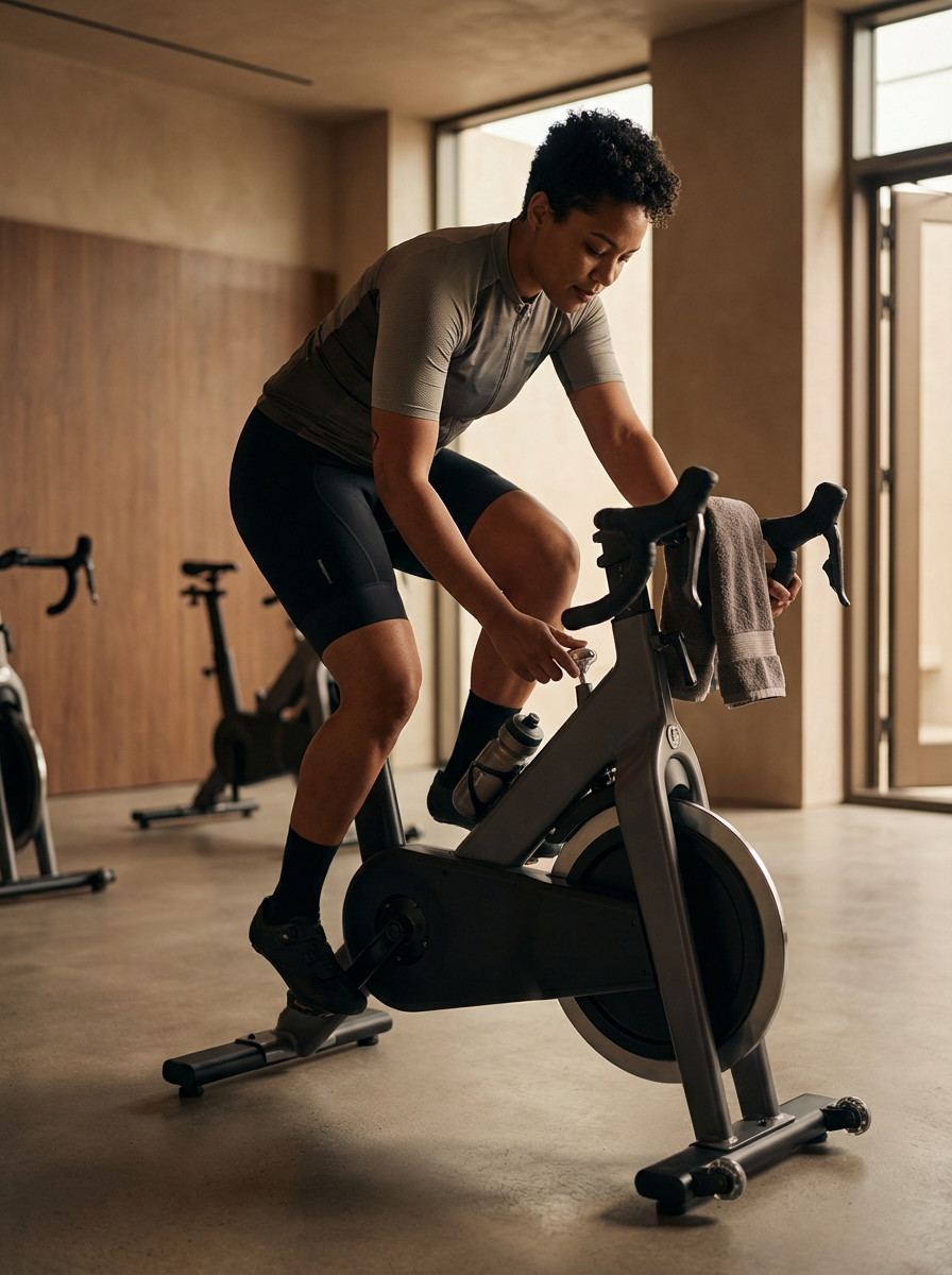 Woman riding a stationary exercise bike in a gym, adjusting a water bottle on the bike's frame.