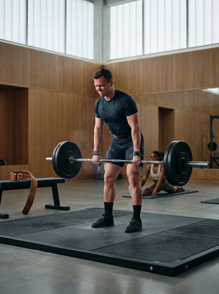 Man in black clothes lifting a barbell with weights in a gym.
