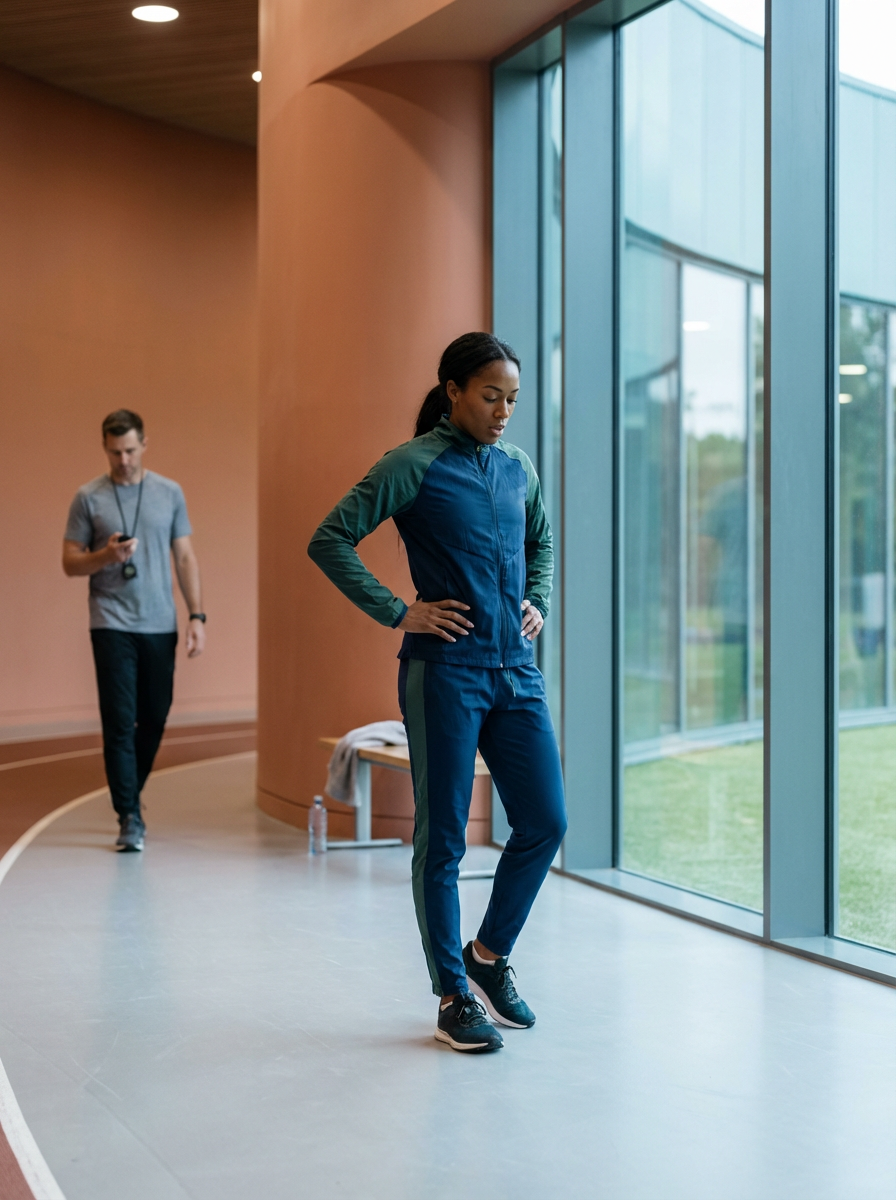 A woman in athletic wear stretching inside a modern building with large floor-to-ceiling windows, and a man in the background looking at his phone.