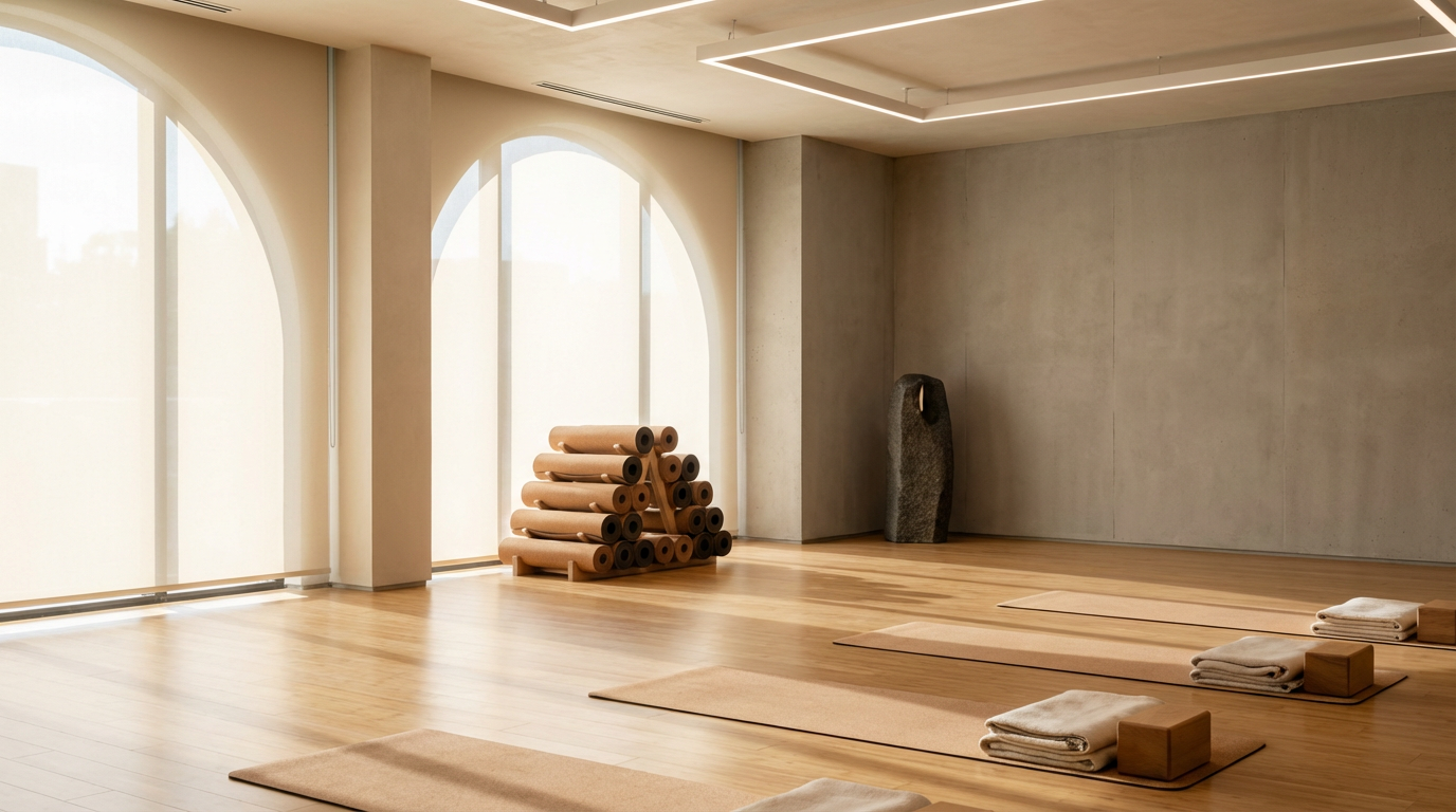 Yoga studio with wooden floors, yoga mats, towels, and large windows with sheer curtains.