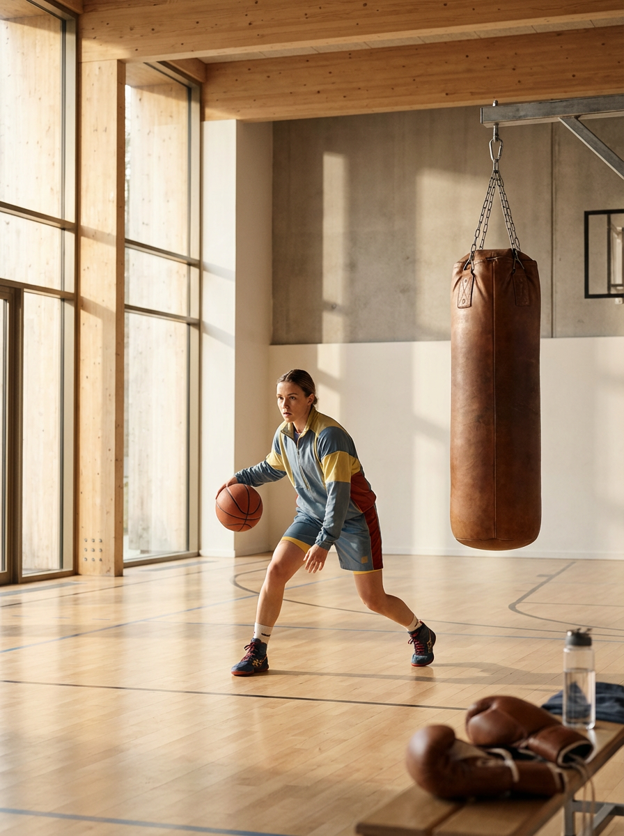 A girl playing basketball in a gym, dribbling the ball with her right hand, wearing a colorful sports uniform and black sneakers.