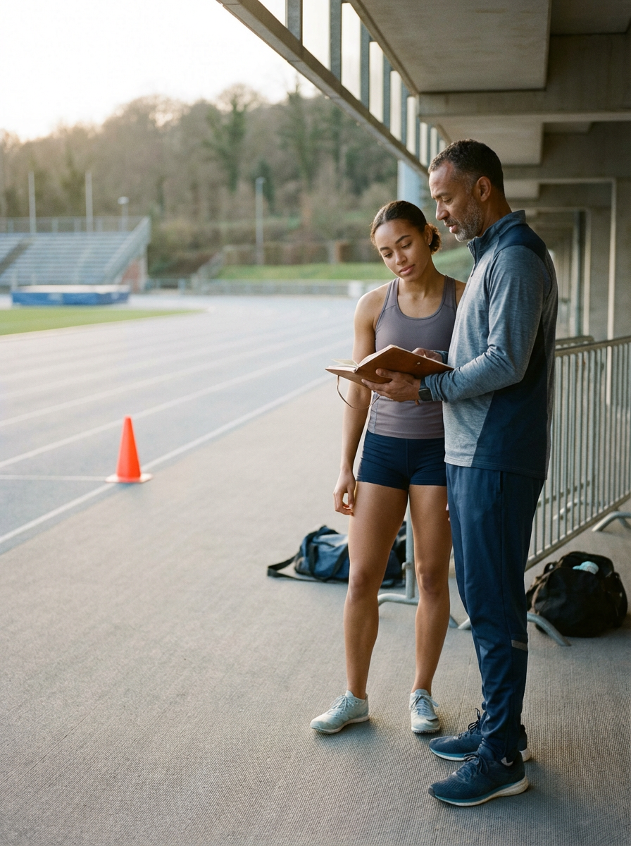 A young female athlete and an older male coach or trainer standing together on a track, looking at a clipboard or notebook. They are under a covered area near the track, and there are backpacks on the ground behind them. The scene is outdoors with a running track and empty bleachers in the background.