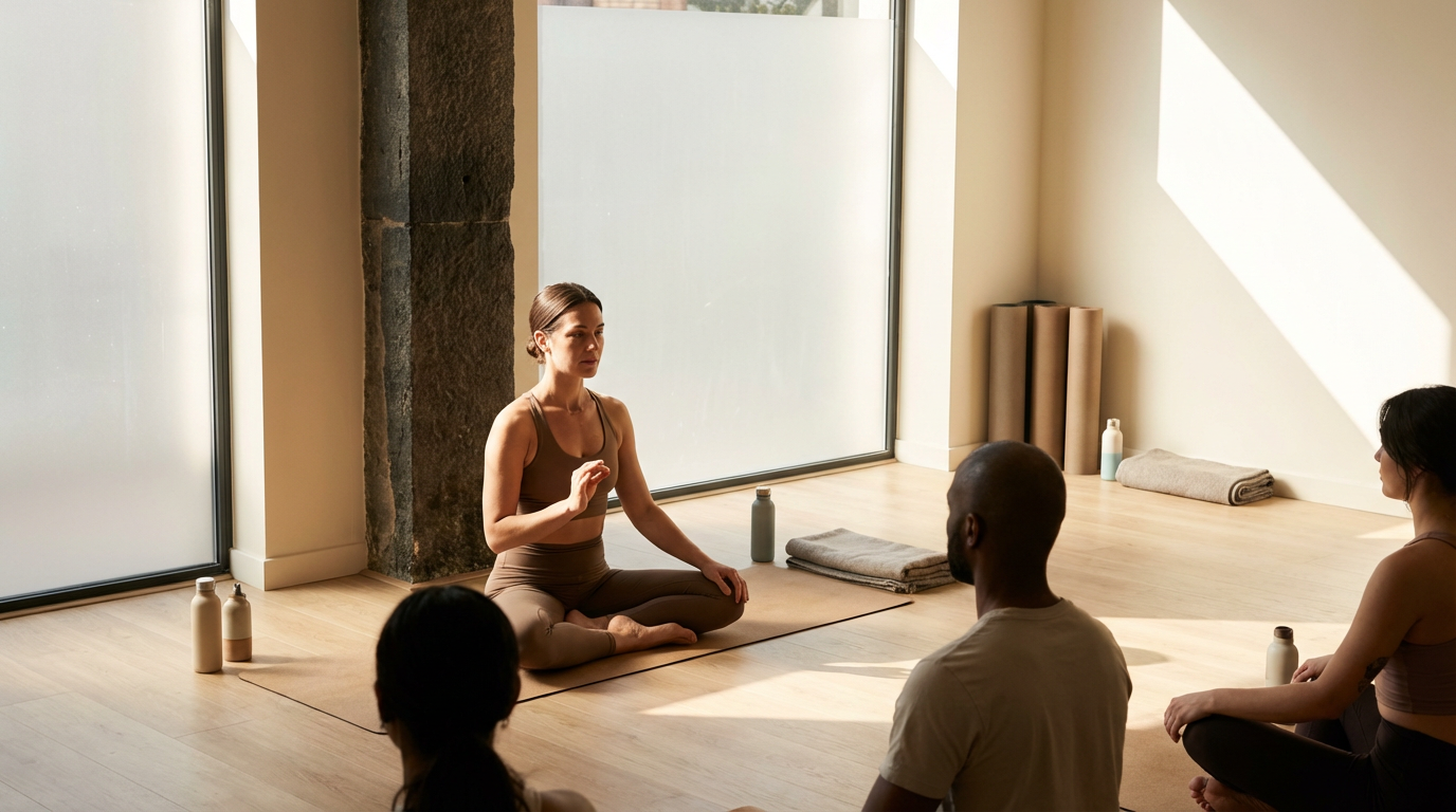 Women and men participating in a yoga or meditation class in a bright studio, sitting cross-legged on mats, listening to the instructor.