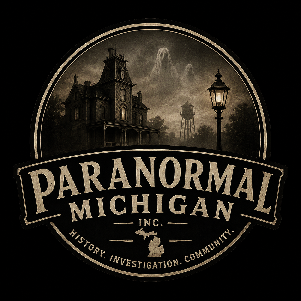 Logo with Haunted house in background
