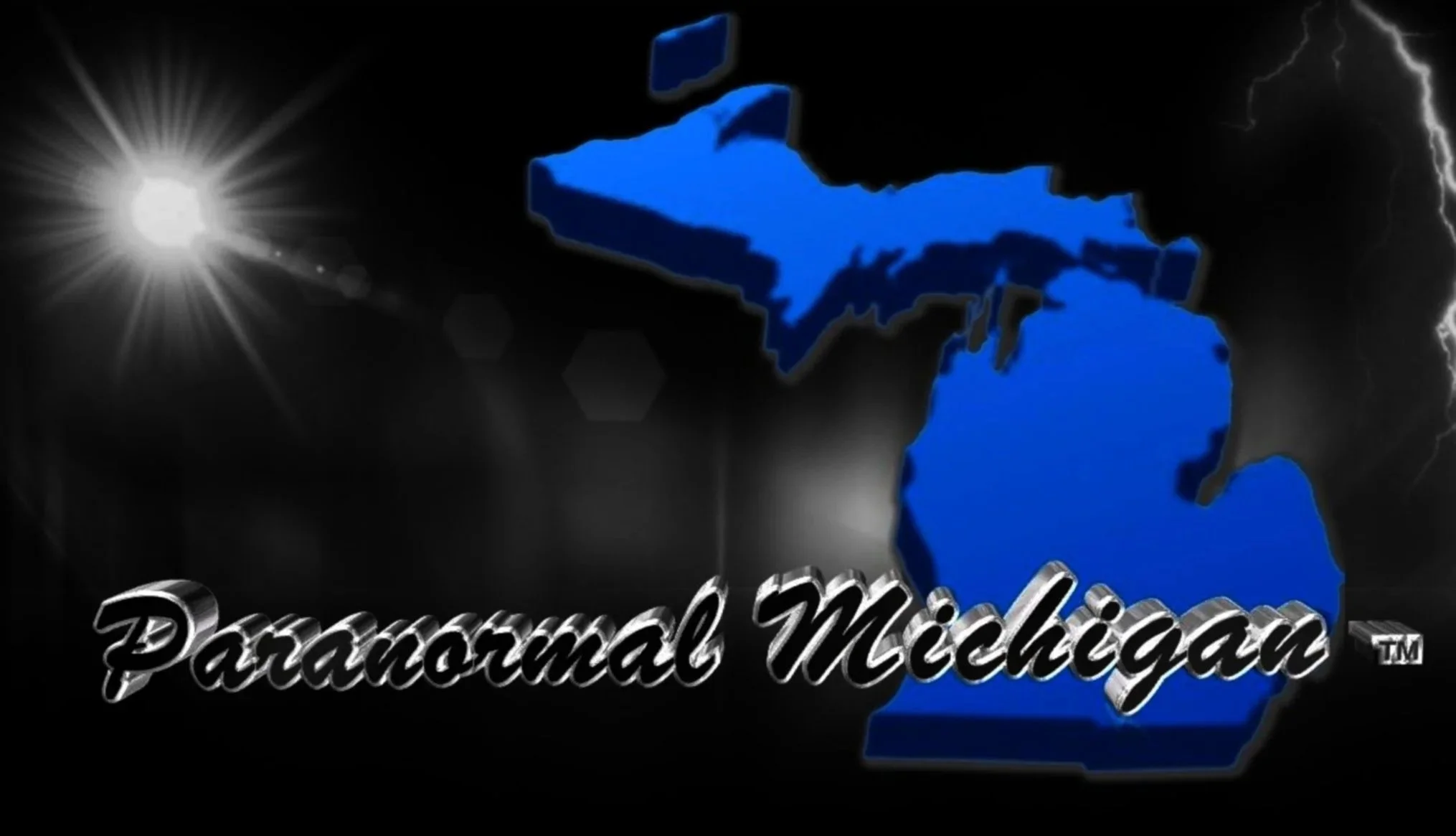 Stylized map of the state of Michigan in blue with a lightning bolt and sun in the background, and the words 'Paramotional Michigan' in cursive font at the bottom.