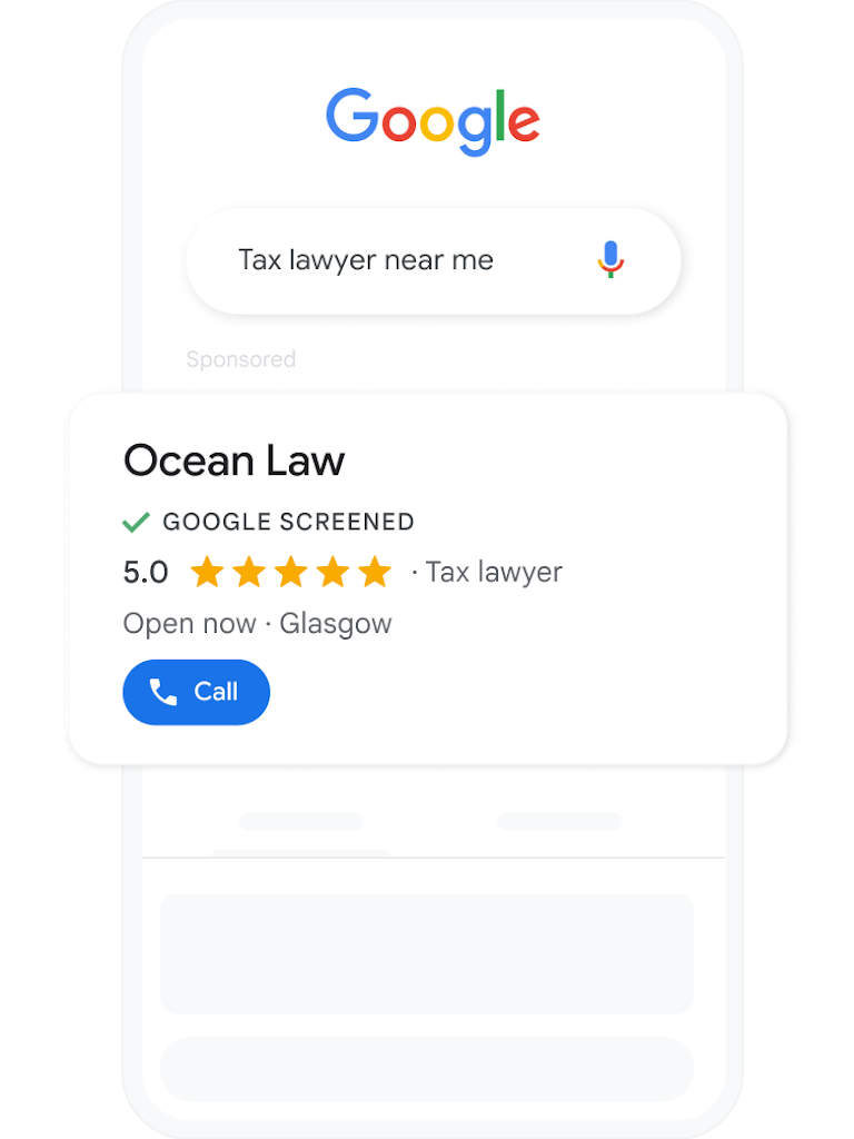 Google search results page with a search query for 'Tax lawyer near me' showing a local service ad example.
