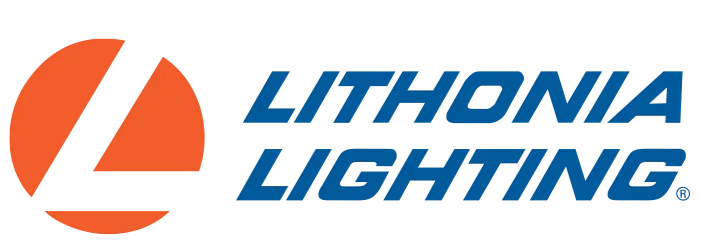 Logotipo de Lithonia Lighting, con un círculo naranja y el texto en azul.