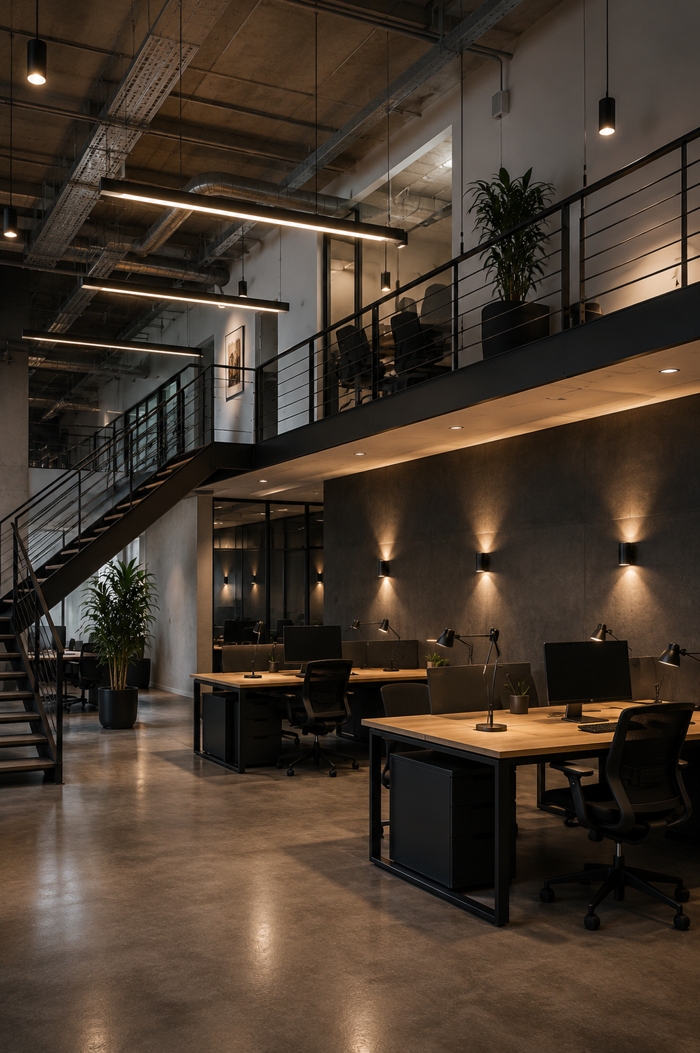 Interior moderno de oficina con escritorios, sillas de oficina, iluminación de pared, plantas en macetas, escaleras de metal y un balcón con puertas de vidrio.