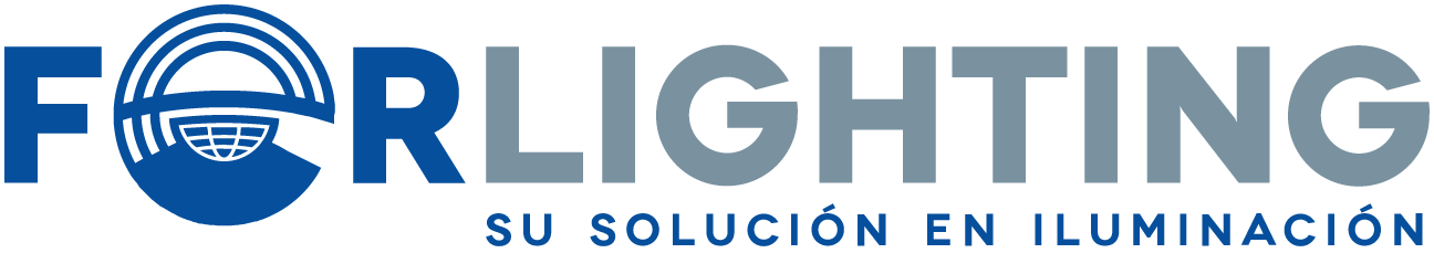 Logotipo de For Lighting con un globo terráqueo y línea de luz, con el lema 'Su solución en iluminación' en letras azules.