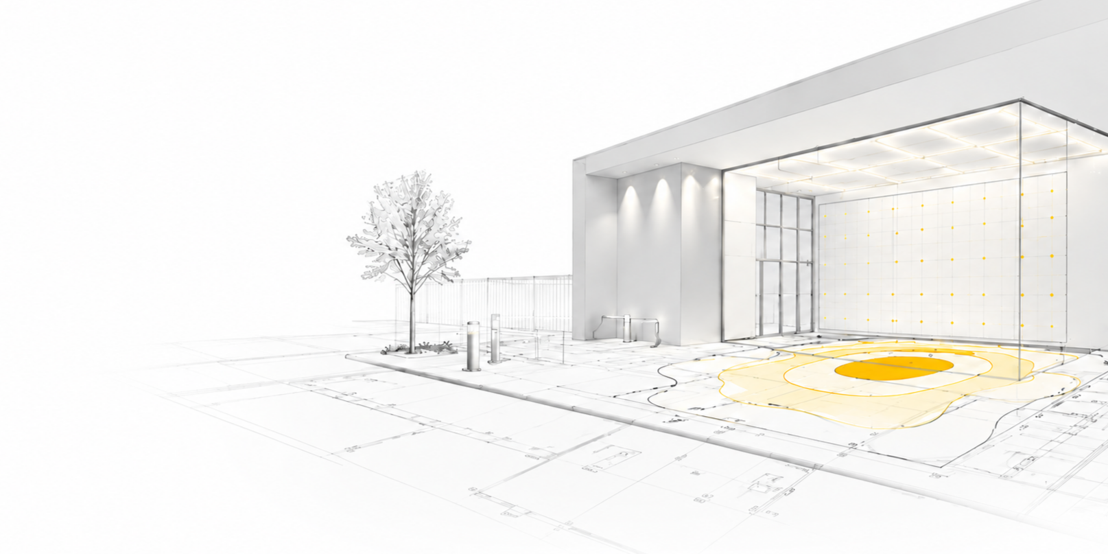 Diseño arquitectónico de un edificio moderno con área ajardinada y detalles en amarillo, en etapa de proyecto.